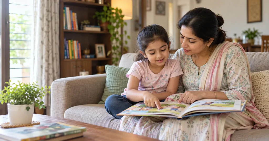 Parent and child reading an English storybook to improve your child's English at home.